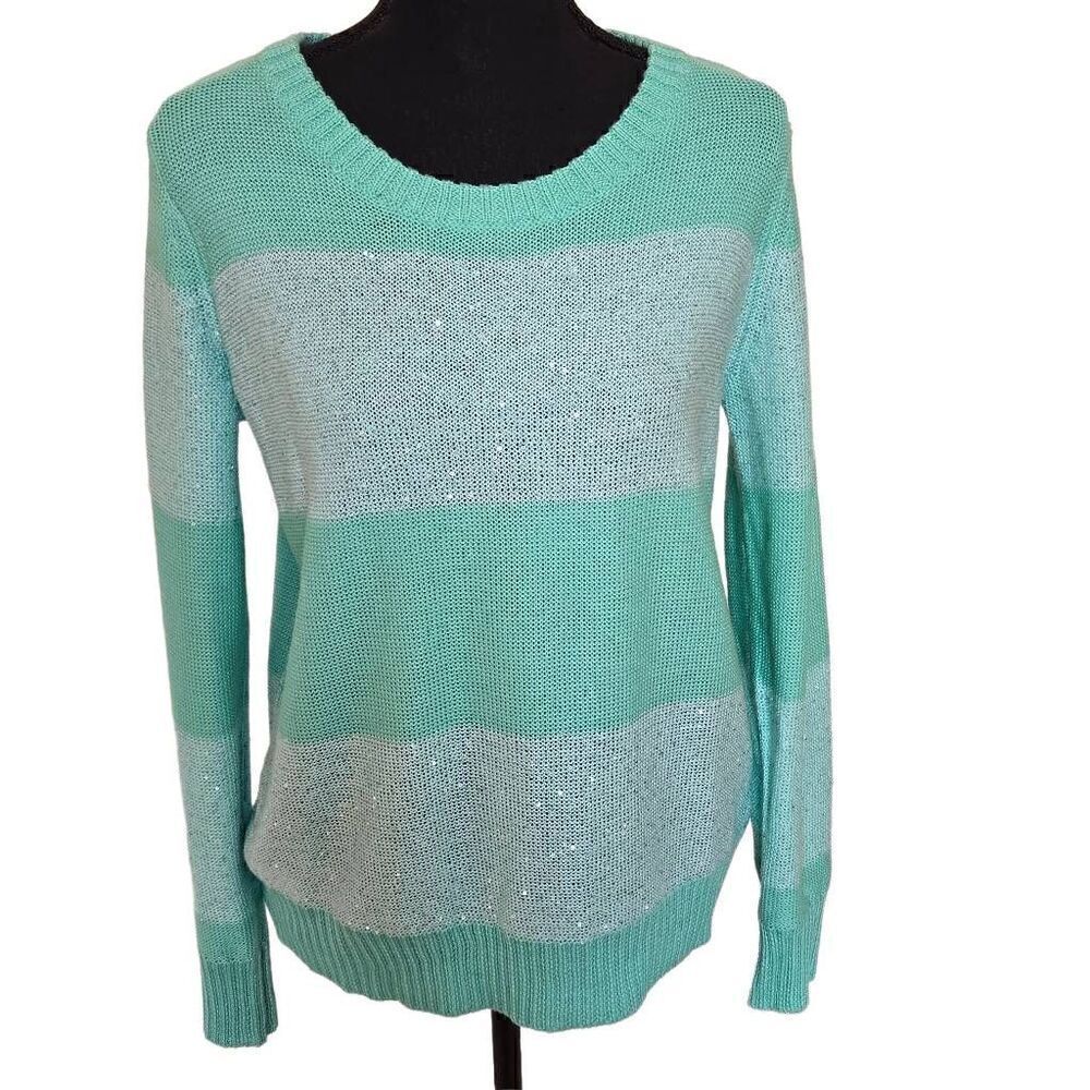 Qi Womens Striped Sequin Embellished Wool Blend Knit Pullover Sweater Aqua Small